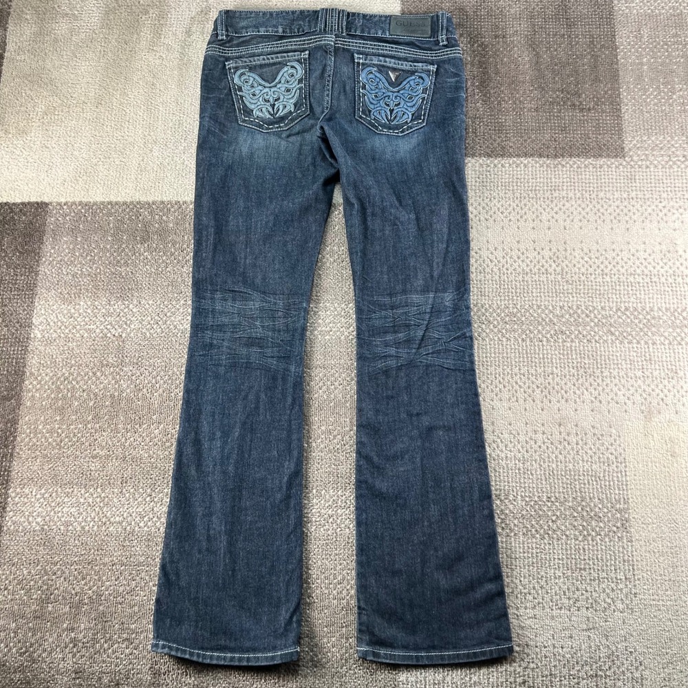 Y2K Guess Jeans Daredevil Bootcut Denim Size 28 Whiskered Embroidered Pockets